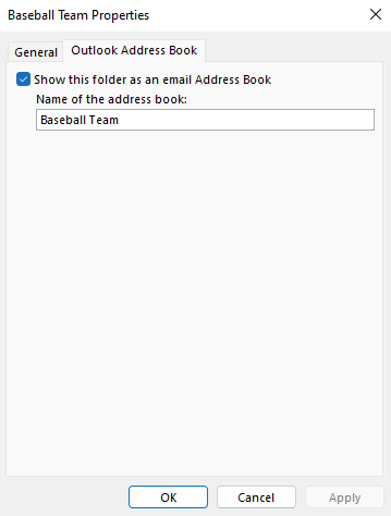 Outlook Address Book tab, Show this folder as an e-mail address book check box