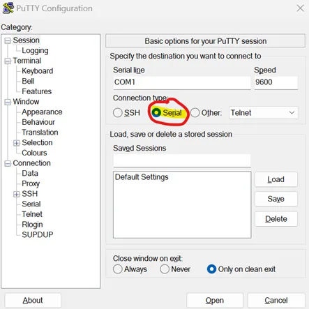 PuTTY select Connection Type and Serial