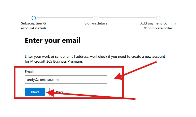 Enter your desired email address in the form box and click the Next button