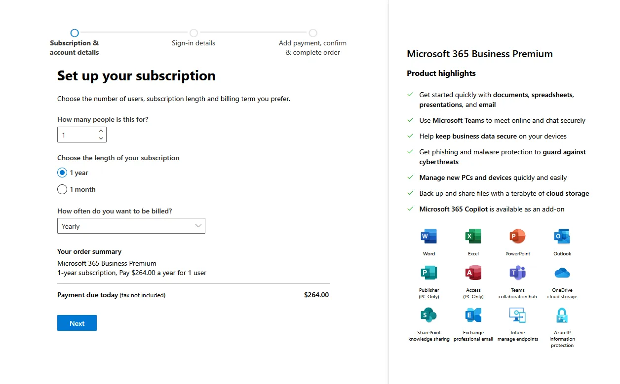 Set up your subscription screen. User is to pick license count, length of subscription, and how often you will be billed. Annually or Monthly