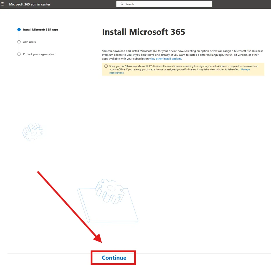 on the install microsoft 365 page proceed to click continue on the bottom of the page