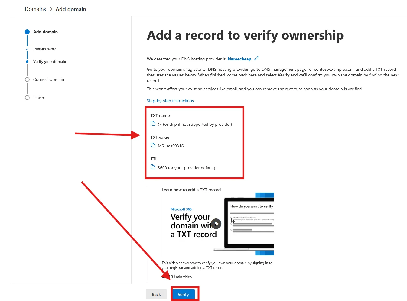 an image showing an example of DNS TXT records to add to verify you own the domain with Microsoft 365