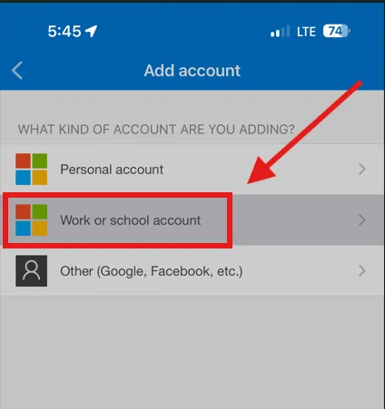 Screem shot showing user to click the option Work or school account