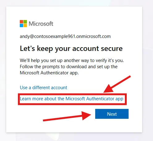 Example of the screen for Lets keep your account secure, showing to proceed and click next