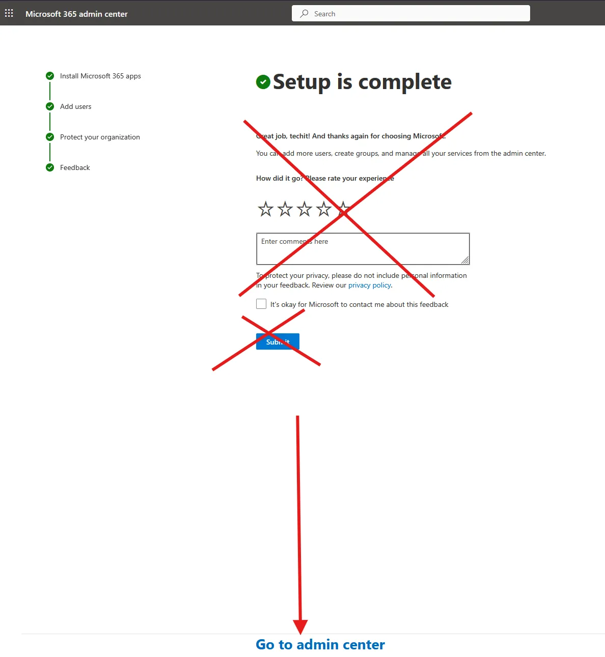 a image showing that user should proceed now to the admin center