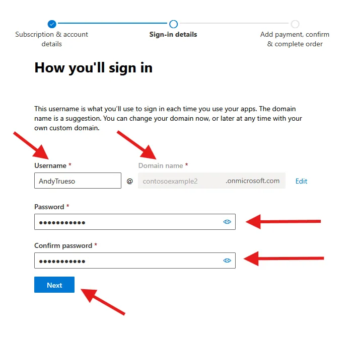 example of how to fill out the How youll sign in form. This asks for username, to pick a onmicrosoft domain name and set a password.