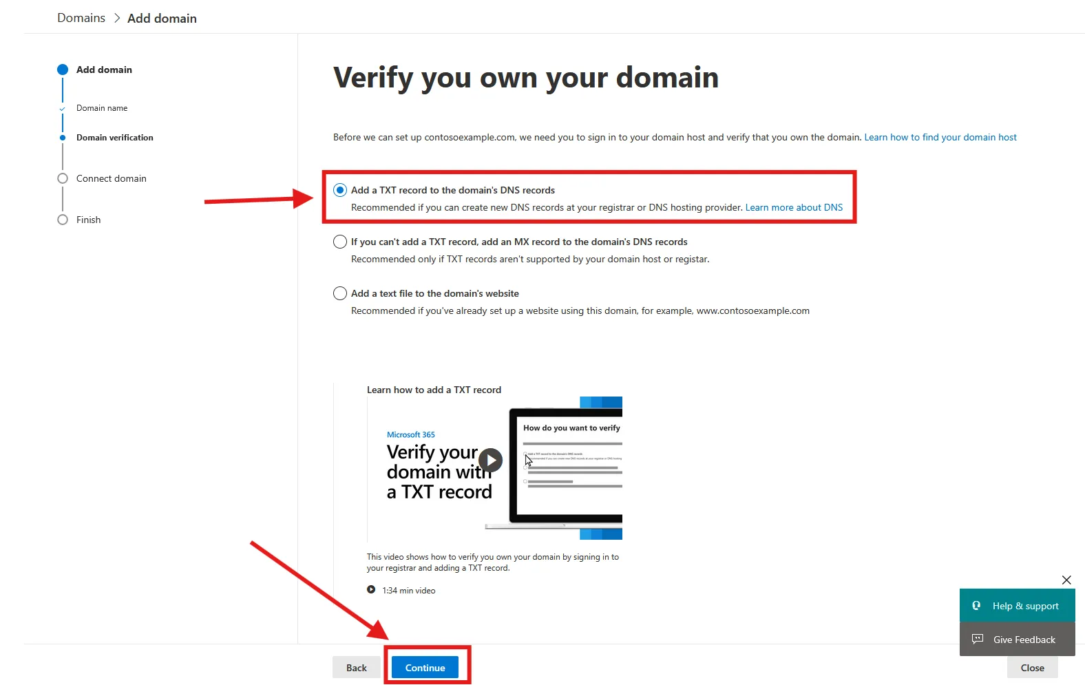 an image demonstrating the user needs to verify they own their custom domain with Microsoft.